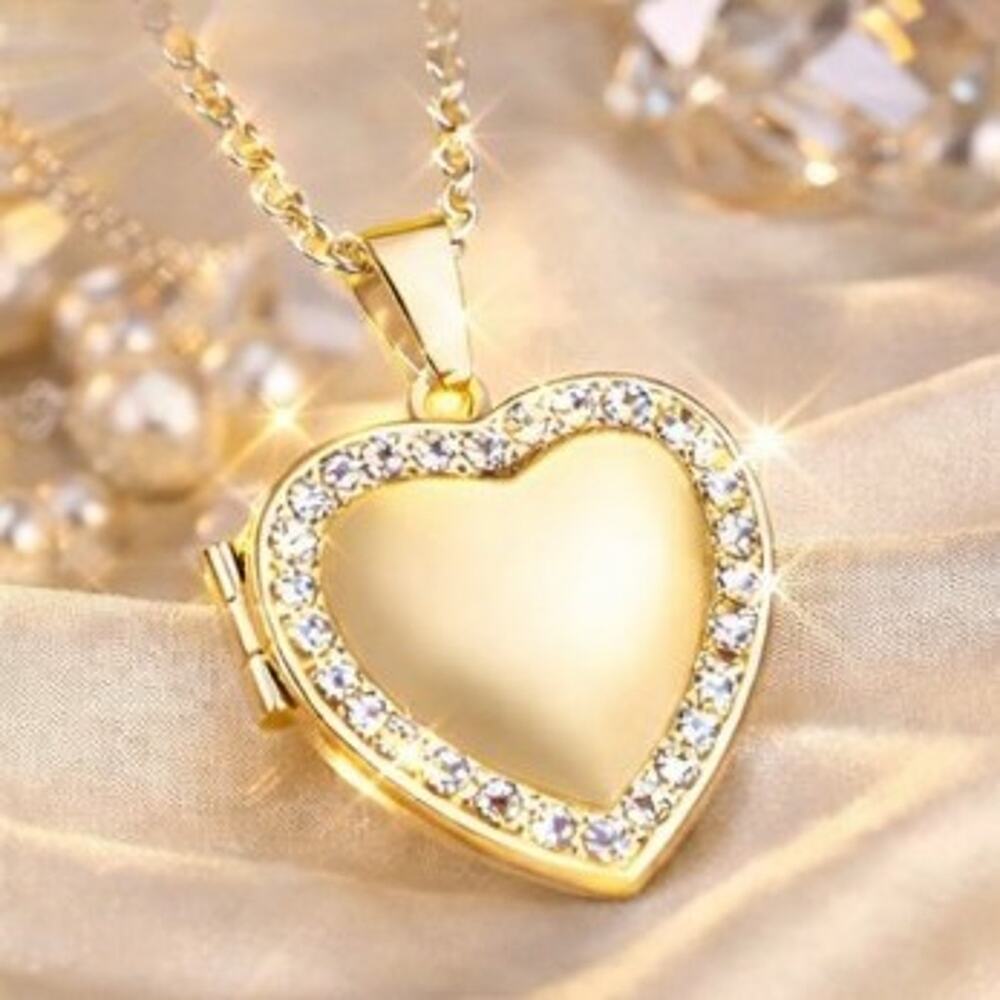 Gold Tone Necklace Heart Locket CZ Halo Valentine's Day Birthday Vtg gift